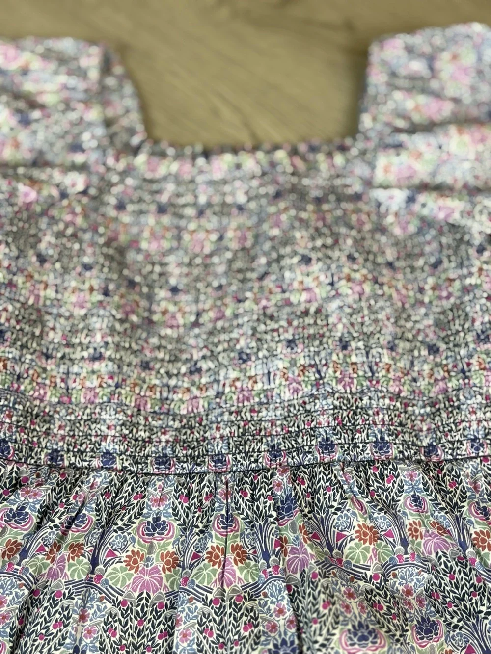 J. Crew Smocked Floral Puff-Sleeve Peplum Top in Multi-Color